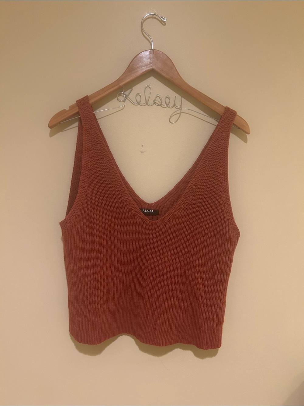 Azalea Ribbed Cotton Blend V-Neck Tank Top in Rust Size Large